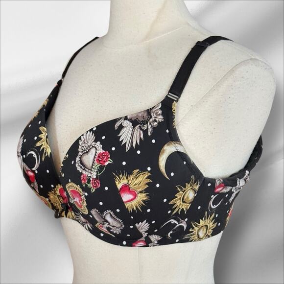 Torrid Curve 360 Back Smoothing Push Up Plunge Black Bra 40D Hearts Roses Padded - Picture 2 of 6
